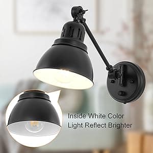 Plug in Wall Sconces, Wall Sconce Lighting with Dimmable On Off Switch, Swing Arm Wall Lamp, Black Metal Industrial Wall Light Fixtures, Safety E26 Base, 6FT Plug in Cord