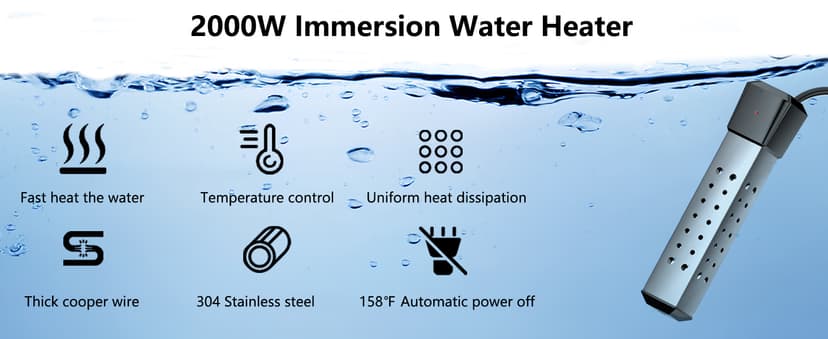 2000W Pool Heater for Inflatable Above Ground Swimming Pool, Immersion Water Heater for Bathtub Automatic Power Off, Submersible Electric Water Heater, Portable Bucket Heater with 304 Stainless Guard