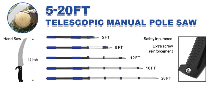 26FT Reach Pole Saws for Tree Trimming, Manual Pruning Pole Saw with 5-20FT Telescoping Extension Pole, Tree Pruner Tree Trimmer with 19" 3X Detachable Saw for Yard Garden Trees Palms Shrubs