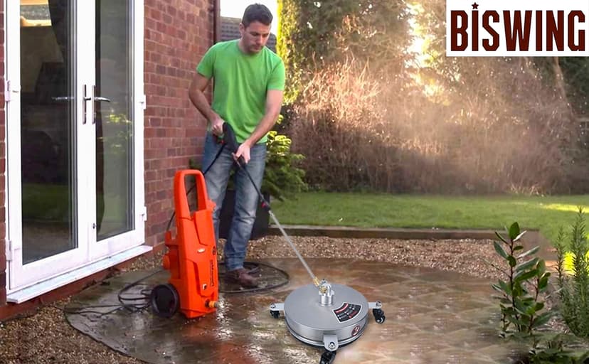 Biswing 14" Pressure Washer Surface Cleaner with 4 Wheels, Stainless Steel Power Washer Accessory for Driveways Sidewalks Patios Cleaning, 1/4" Quick Connector, 2 Extension Wand Attachments, 4000 PSI