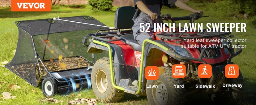 VEVOR 52 Inch Lawn Sweeper Tow Behind, 26 cu.ft. Large Pull Behind Grass Sweeper, Heavy Duty Leaf & Grass Collector with Dumping Rope Design, Adjustable Sweeping Height for Picking Up Debris & Grass