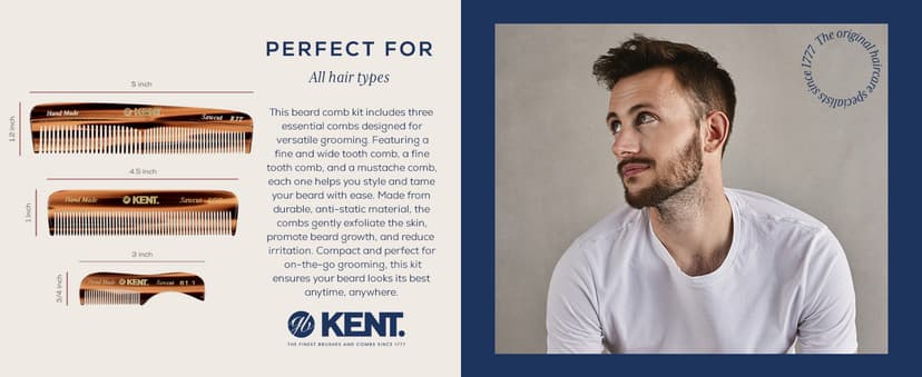 KENT Set Men's Hair Pocket Combs, Tortoise 81T X-Small, FOT All Fine Tooth, R7t Double Toothed Fine and Coarse. Best Hair, Beard and Mustache Grooming Kit for Travel and Home Care, Handmade in England