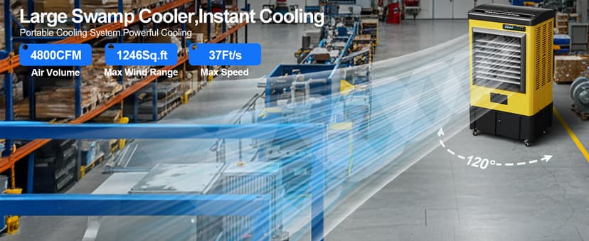 4800CFM Swamp Cooler,42IN Evaporative Air Cooler with Continuous Auto Fill,10.6-Gal Water Tank,3 Ice Packs,Portable Evaporative Cooler for Outdoor Patio Garage Commercial Industrial Use