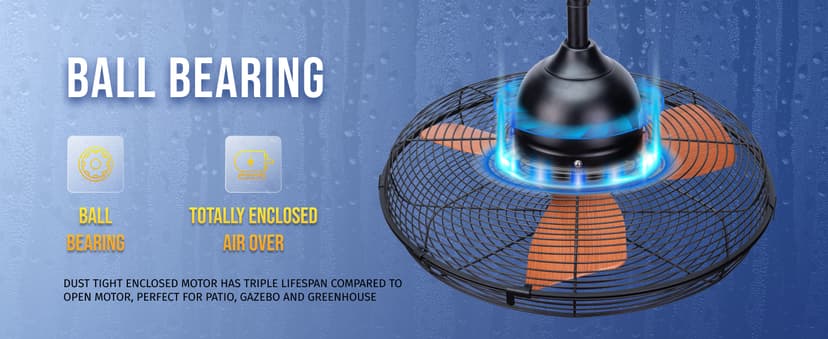 Tornado 20-Inch Outdoor Downrod Mount Ceiling Fan – IPX4 Water-Resistant, Remote Control Included, 3 Speed Settings, 3300 CFM, 10-Foot Cord, UL Safety Listed