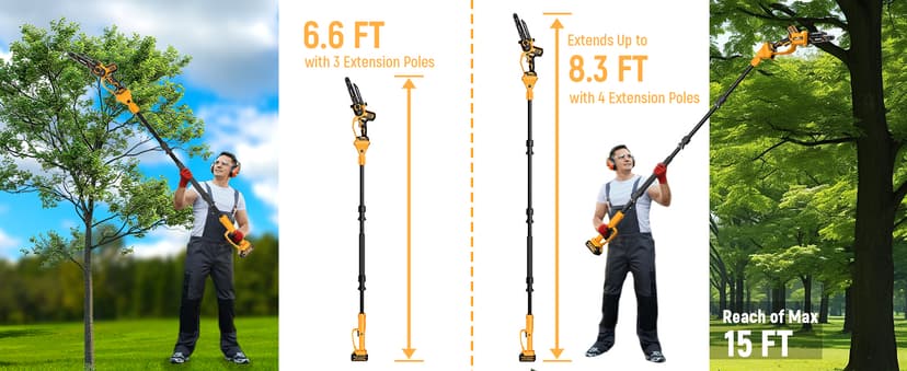 2-IN-1 Cordless 8 Inch Pole Saw & Mini Chainsaw, 21V 2×4.0Ah Battery Powered Polesaw, 15FT Max Reach, Brushless Electric Chain Saw with Extension Pole for Tree Branches Pruning, Wood Cutting
