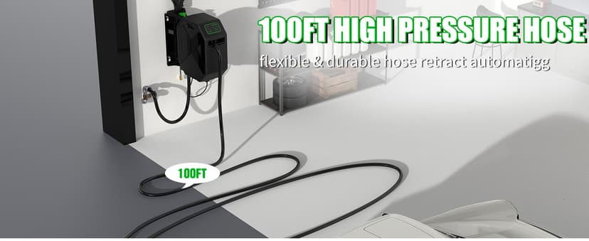 Buyplus Wall Mounted Pressure Washer, 5200PSI 3.2GPM Electric Power Washer, Remote Controlled with 100FT Retractable Hose, GFCI Power Cord, Foam Cannon, 5 Nozzles for Cars, Driveways, Patios, Black