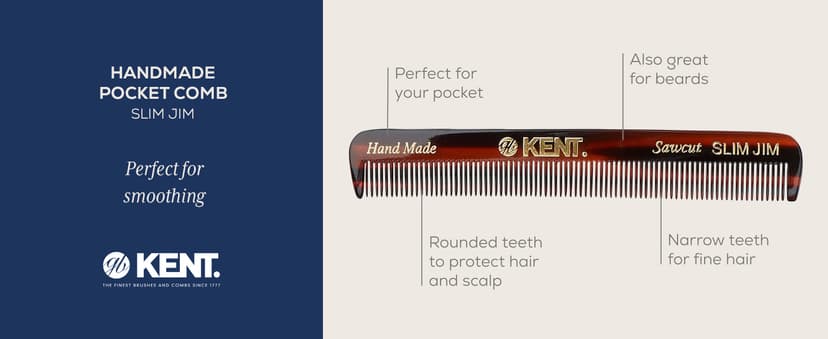Kent Slim Jim Handmade All Fine Tooth Pocket Comb for Men, Hair Comb Straightener for Everyday Grooming Styling Hair, Mustache and Beard, Use Dry or with Balms, Saw Cut Hand Polished, Made in England