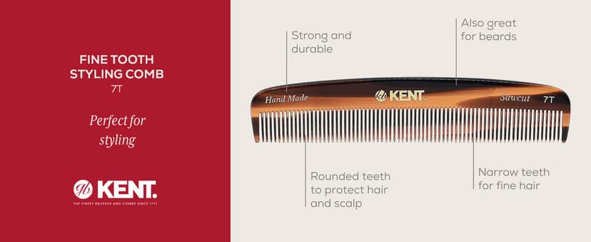 Kent 7T Handmade All Fine Tooth Pocket Comb for Men, Hair Comb Straightener for Everyday Grooming Styling Hair, Mustache and Beard, Use Dry or with Balms, Saw Cut and Hand Polished, Made in England