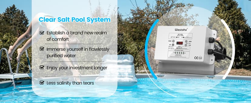 Saltwater Pool System, Westaho Salt Chlorine Generator with USA Titanium Cell for Above Ground Pools Up to 15,000 Gallons, Compatible with Intex Pool, IP 66 Waterproof