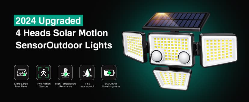 Solar Outdoor Lights - 3000LM 188 LED Motion Sensor Outdoor Lights, 4 Heads Security Light,IP65 Waterproof, Easy Install,270°Wide Angle Flood Wall Light with 3 Modes for Backyard Yard (2 Pack)