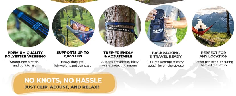 Foxelli XL Hammock Straps - Extra Long 20FT Heavy Duty No-Stretch Suspension System, 40+2 Loops, 2000 LBS Capacity, for Indoor/Outdoor Use – Set of 2 Straps & Carry Bag