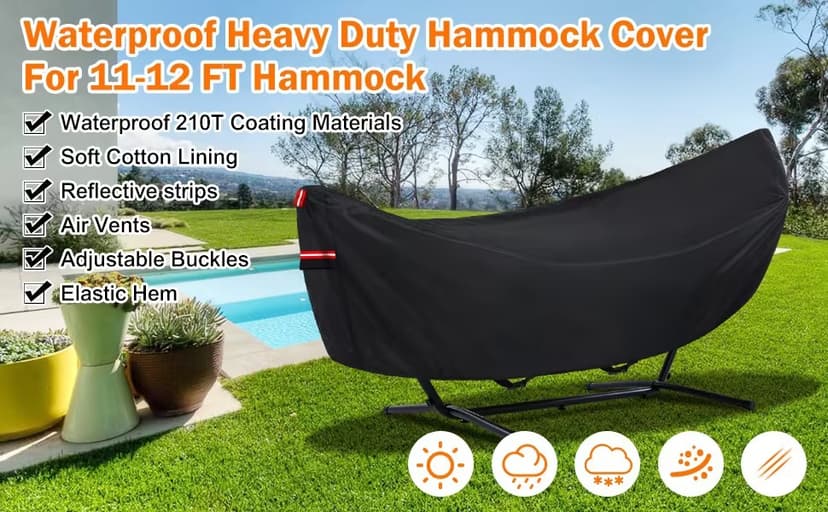 Waterproof Hammock Cover, Sun Rain UV Dust Snow Protection with Windproof Straps & Soft Cotton Lining for 55 inch Spreader Bars