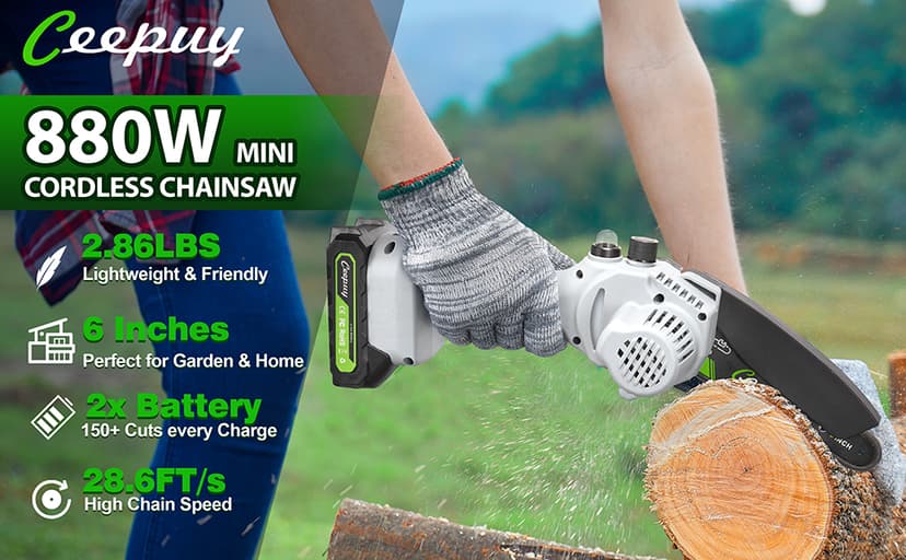 Mini Chainsaw Cordless,6 Inch Portable Electric Chain Saw w/ Automatic Oiler, Battery Powered Small Handheld Saw w/ Security Lock Trees Branches Trimming, Wood Cutting, 2 Batteries 3 Chains
