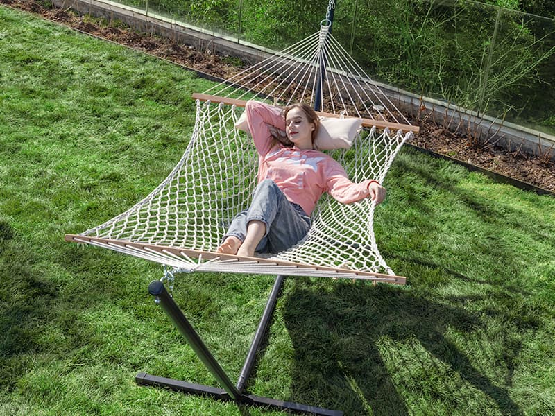 PNAEUT Double Rope Hammock with Stand Included, 12ft Heavy Duty Stand, 2 Person Traditional Cotton Rope Hammocks with Pillow for Outside Porch Patio Backyard Outdoor, Max 475lbs Capacity (Burlywood)