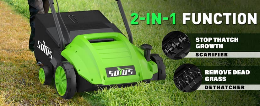 SOYUS Electric Dethatcher and Scarifier with 30L Collection Bag, 13-Inch 12 Amp 2-in-1 Corded Lawn Dethatcher with 4-Postion Depth Adjustment, Quick-Fold, Increases Lawn Health
