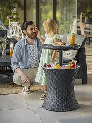 Keter Pacific Cool Bar Outdoor Patio Furniture and Hot Tub Side Table with 7.5 Gallon Beer and Wine Cooler, Dark Grey