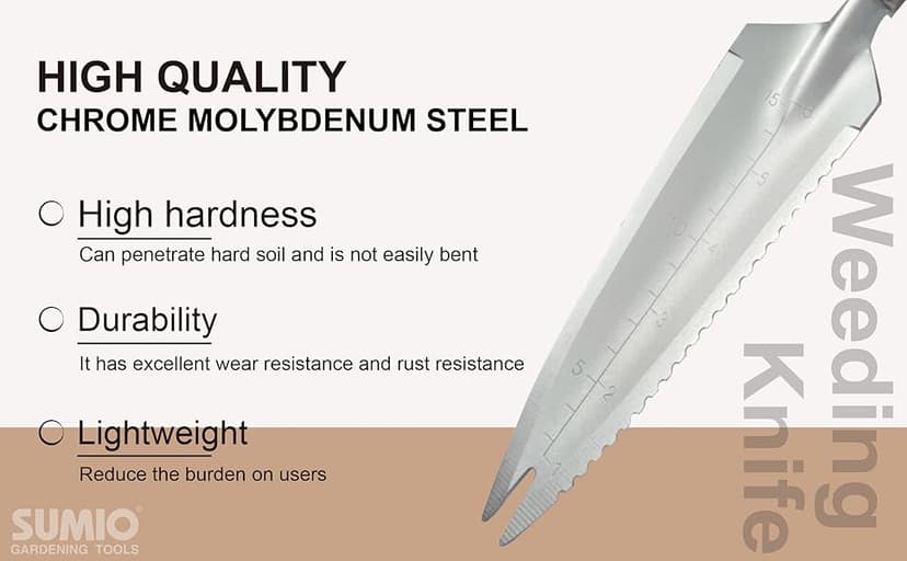SUMIO 13.3" Alloy Steel Garden Trowel with Forked Tip and Depth Markings, Weeding Knife for Root Cutting, Transplanting, Digging, and Slit Weeding