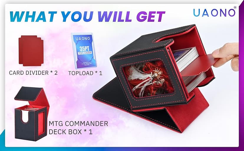 Card Deck Box with MTG Commander Display, Deck Case Holds 100+ Double-Sleeved Cards, Storage Box Fits TCG/PTCG/Sports Card with 2 Dividers, 1 Toploader (Red, White)