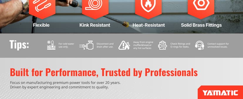YAMATIC Upgraded Flexible Pressure Washer Hose 50 FT 3400 PSI, 1/4" Wear & Kink Resistant Power Washer Hose with Heat Protect Sleeve, Durable Replacement Hose for Uberflex Flexzilla Ryobi