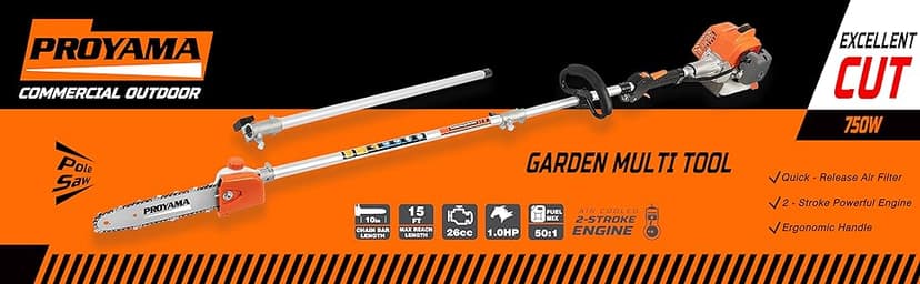 PROYAMA 26cc 6 in 1 Multi Functional Trimming Tools, Gas Hedge Trimmer, Weed Eater, String Trimmer, Brush Cutter, Edger, Pole Saw Chainsaw Pruner with Extension Pole
