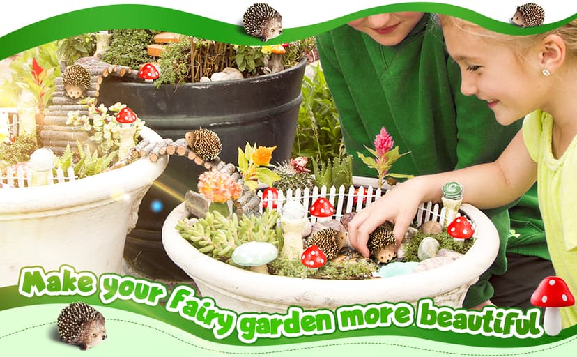 Queekay Resin Hedgehogs & Wood Mushroom Sculpture, Fairy Wild Garden Supplies, 6 Pieces, Red, Handmade Decor