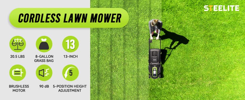 Steelite 13.2” Electric Lawn Mower for Small Yards - 2-in-1 Compact, Lightweight Brushless Motor, 21V 4.0Ah Battery & Charger Included, Green