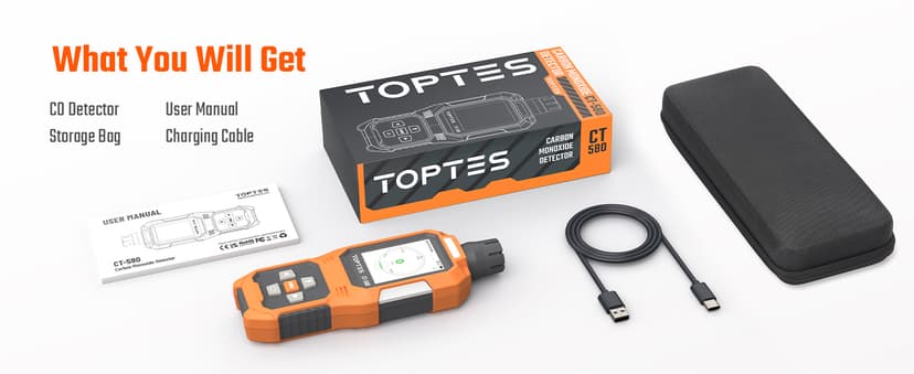 CT-580 Portable Carbon Monoxide Detector, Rechargeable CO Detector with Vibration, Visual & Audible Alarms, 0-1000PPM, TFT Color Display for Home, Camping, Travel, Industrial & Professional Use