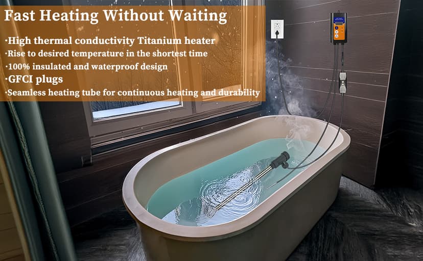 1500W Titanium Fully Submersible, Portable Electric Hot Tub immersion Water Heater with Thermostat, GFCI Leakage protection for pool, Bathtubs, Buckets, baptistry, Saltwater Most of Liquid
