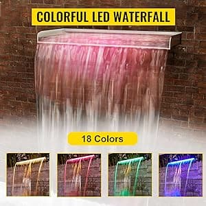 VEVOR Pool Fountain Stainless Steel, Pool Waterfall 23.6" x 4.5" x 3.1"(W x D x H) with LED Strip Light, Waterfall Spillway Rectangular Garden Outdoor