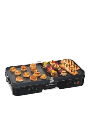 Hamilton Beach 3-in-1 Electric Indoor Grill + Griddle, 8-Serving, Reversible Nonstick Plates, 2 Cooking Zones with Adjustable Temperature (38546), Black