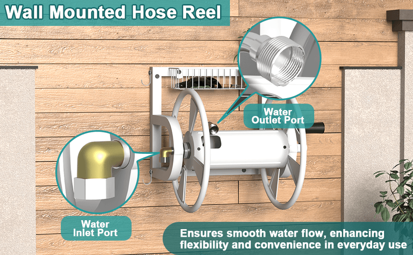 Outdoor Wall Mounted Hose Reel with Hook, Garden Heavy-Duty Water Hose Holder Winder with 3.9 ft Leader Hose, Brass Fitting and Storage Basket for Yard, Holds 125 Ft of 5/8-Inch Hose, White
