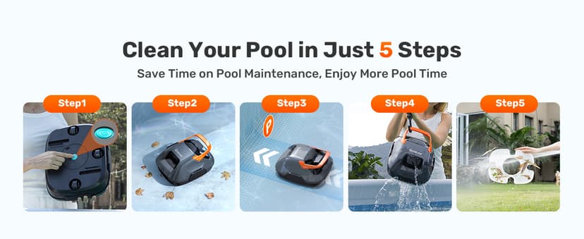 Cordless Robotic Pool Cleaner, Lasts 90 Min, Automatic Vacuum for Above-Ground Pools up to 860 Sq.ft, Portable, Self-Parking, Orange