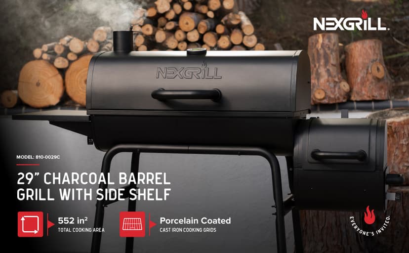 Nexgrill Premium 29" Charcoal Grill with Side Shelf, 552 SQ In Cooking Space, Adjustable Charcoal Tray, Chimney Air Vent, Warming Rack, Barrel Smoker Grill for Camping, Picnics, and More - 810-0029C