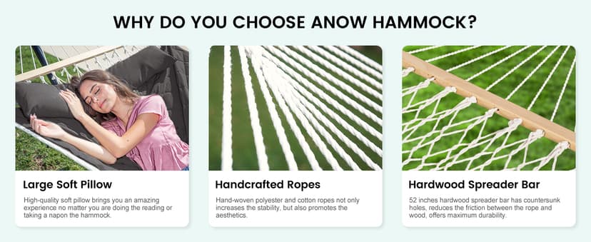 ANOW Outdoor Rope Hammock with Spreader Bars, Heavy Duty Hammock with Pad for Outdoors Indoors, 450 LBS Weight Capacity, Gray