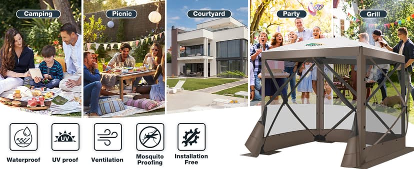 COBIZI Pop Up Gazebo Screen Tent Screen House for Camping, 8FTx8FT Screen Room with Sidewalls and Mosquito Netting, Hub Tent Instant Screened Canopy with Carrying Bag and Ground Stakes, Brown