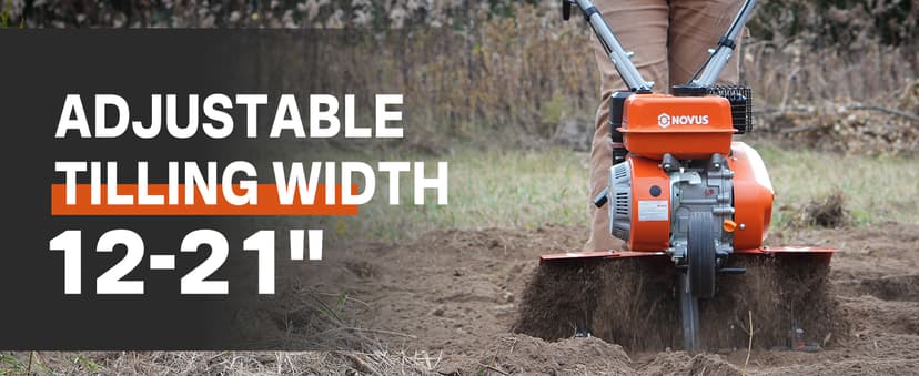 NOVUS 21-Inch Gas Tiller for Gardening, 212cc Front Tine Tiller Cultivator, 4-Cycle Engine with Toolless Adjustable Tilling Width 12"-21", Versatile Garden Tillers Gas Powered