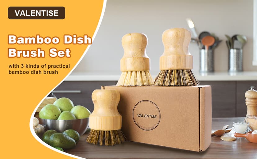 Bamboo Dish Brush Set, 3 Pcs Wooden Scrubber, Brass Brush and Pot Brush with Sisal and Palm for Cleaning Vegetables, Pots and Ovens