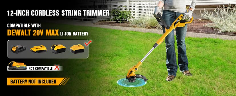 Cordless String Trimmer Compatible with Dewalt 20V Battery, 12-Inch Weed Wacker Cordless, Auto Line Feed, Electric Weed Eater Battery Powered, Grass Trimmer with 2 Replacement Spool