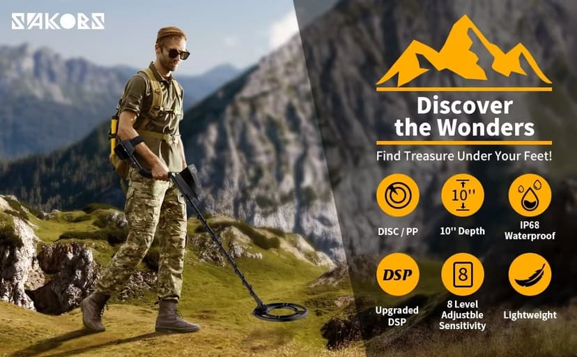 SAKOBS Metal Detector for Adults - High Accuracy Metal Detector with Discrimination Mode & Distinctive Audio Prompt and LCD Display Waterproof Search Coil for Treasure Hunting Beginners Professionals