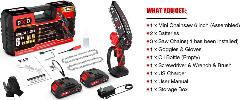 Handheld Mini Cordless Electric Chainsaw with Battery&Gas Powered Option,6-Inch chainsaw&Pruning Attachment Bar Oil Jug, Safety Gloves, Chainsaw Chain & Caseightweiaht for Tree Trimming. Wood Cutting