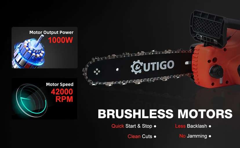 Cordless Electric Chainsaw, 1000W Brushless Chainsaw 12-Inch with 2×21V Batteries, 2 Replacement Chains & 1 Guide Bars & Charger, Bettery Electric Chainsaw Suit for Wood Cutting Trimming Branch