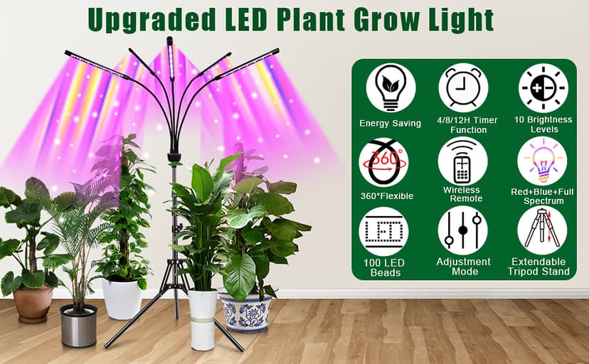 KEELIXIN Grow Lights for Indoor Plants,5 Heads Red Blue White Full Spectrum Plant Light with 15-60" Adjustable Tripod Stand, Indoor Grow Lamp with Remote Control and Auto On/Off Timer Function