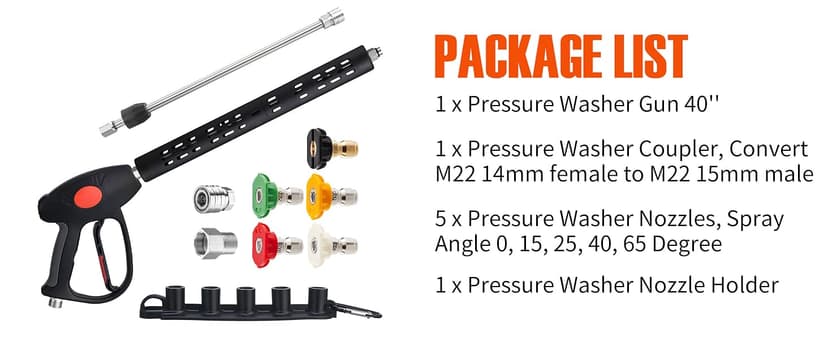 M MINGLE Replacement Pressure Washer Gun with Extension Wand, M22 15mm or M22 14mm Fitting, 5 Nozzle Tips, 40 Inch, 4000 PSI