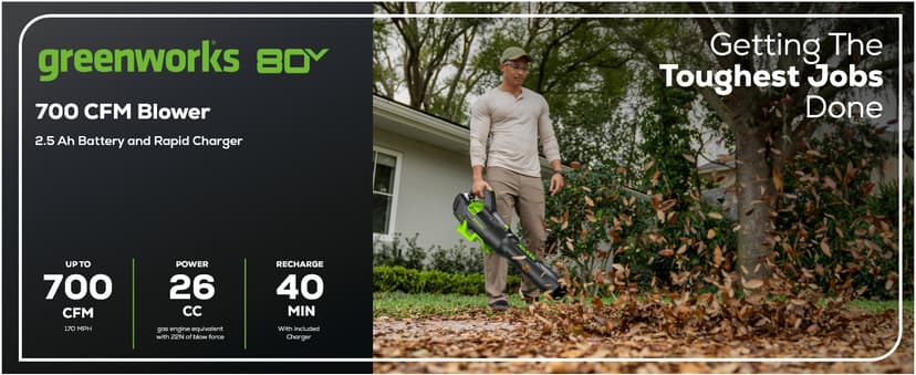 Greenworks 80V 700 CFM Cordless Leaf Blower - Commercial-Grade Power, 45-Min Rapid Charger for Wet Leaves & Heavy Debris (Includes 2.5Ah Battery)