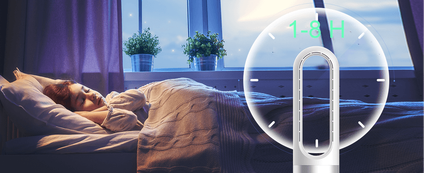 Bladeless Heater and Fan Combo, 1400 Watt Heater Fan and 40 Watt Cold Fan, 80° Oscillating Fan, All the Season Use, Remote and Touch Control, Floor Tower fan, Office Room, Bedroom, Blue White