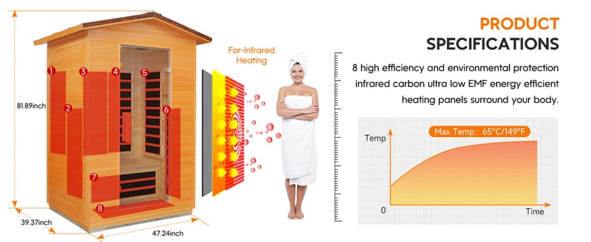 Outdoor Sauna 2 Person Far Infrared Saunas Dry Home Sauna Room Hemlock 1 to 2 Person Wood Sauna 1950W/110V Low EMF with Bluetooth Speaker, Reading Light, Cup Holder and Towel Rack - 47*39*82 IN