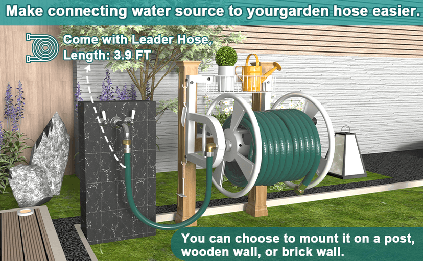 Outdoor Wall Mounted Hose Reel with Hook, Garden Heavy-Duty Water Hose Holder Winder with 3.9 ft Leader Hose, Brass Fitting and Storage Basket for Yard, Holds 125 Ft of 5/8-Inch Hose, White