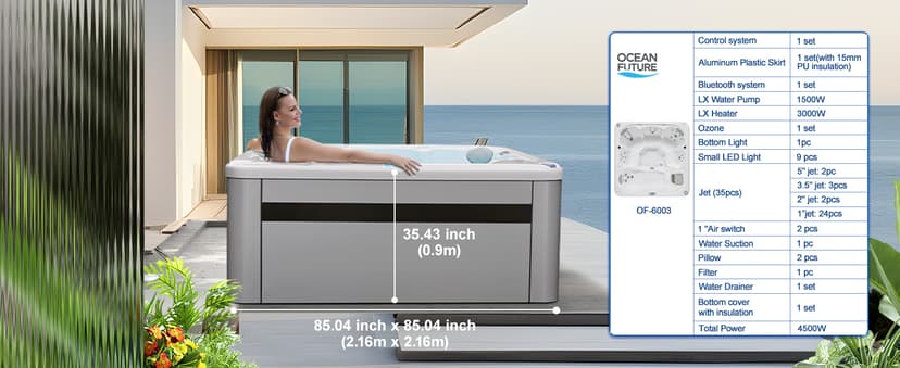 OCEAN FUTURE Outdoor Hot Tub, Massage Spa with 35 Jets, 240V Outdoor Spa with LED Lights, Control Panel and Ergonomic Seat Fits 6 People, Acrylic Hot Tub Spas 85" x 85"