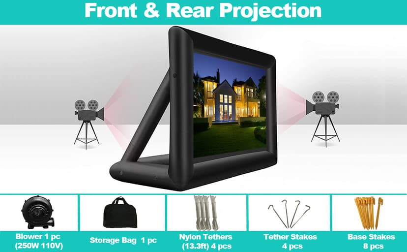 20 feet Inflatable Portable Projector Movie Screen - Huge Air-Blown Cinema Projection Screen Package with Rope, Blower,Tent Stakes - Front & Rear Projection,for Outdoor Party Backyard Pool Fun