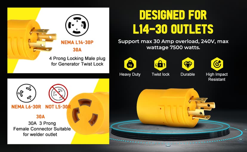 Kanayu Generator to Welder Adapter Compatible with Nema L14-30p to 6-50r 30 Amp 4 Prong Lock Male Plug to 3 Prong Female Receptacle Adapter Dryer Ev Charger Power Cord Connector 250v(Yellow)